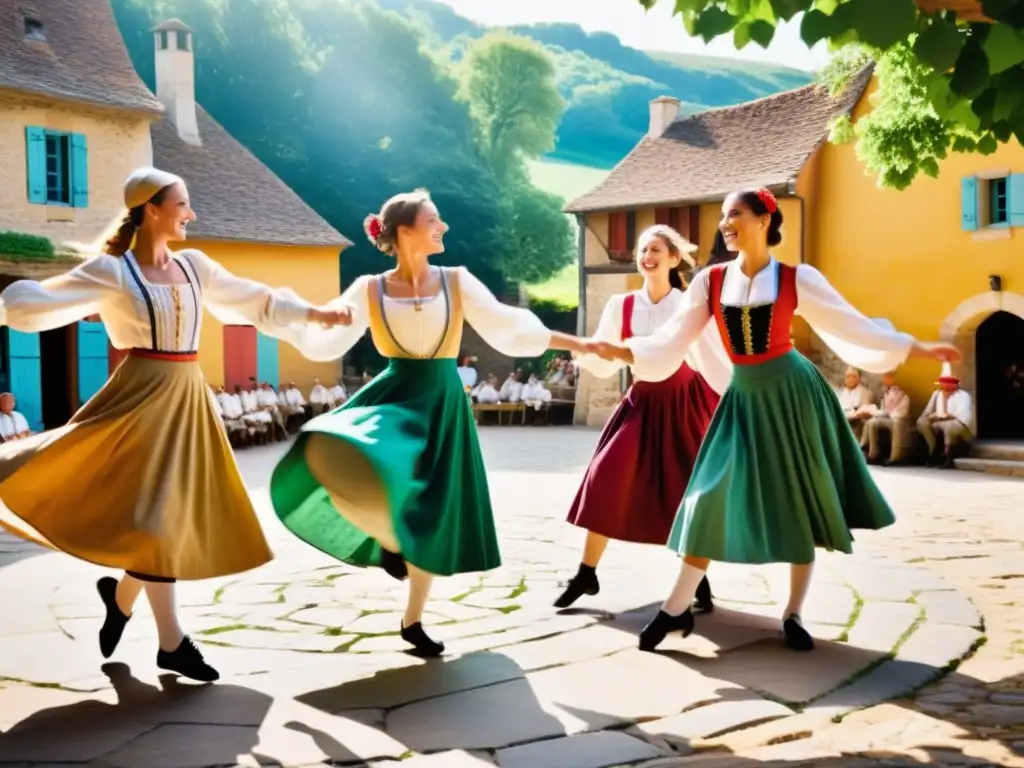 Un grupo de bailarines con trajes campesinos franceses danzando bajo el cielo abierto en una plaza de pueblo