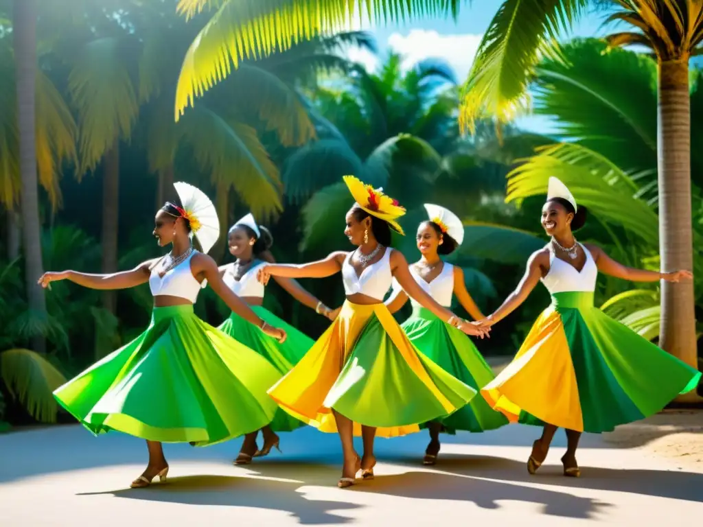 Grupo de bailarines en trajes caribeños tradicionales realizando la Quadrille bajo palmeras, irradiando energía y color