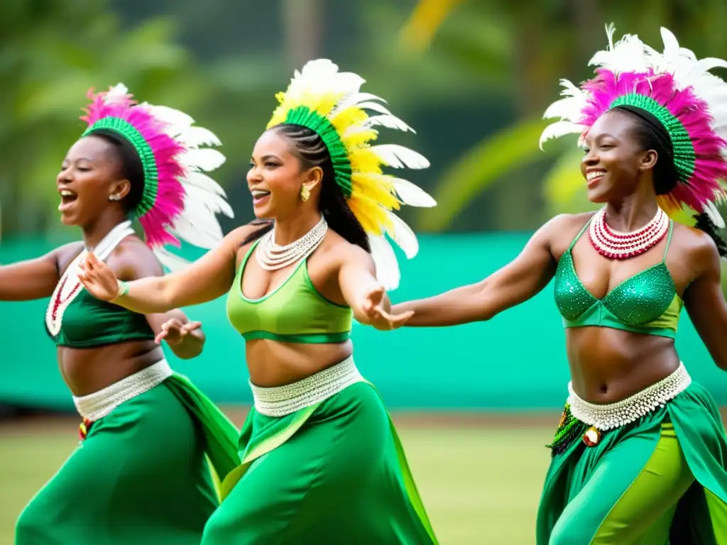 Grupo de bailarines en trajes caribeños tradicionales, danzando al ritmo de la música en escuelas de danza tradicional caribeña