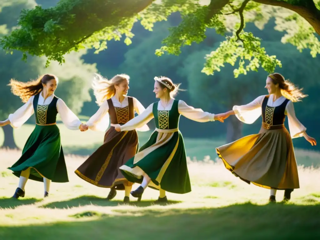 Un grupo de bailarines en trajes celtas tradicionales danzan con pasión y alegría bajo el sol en el campo gallego