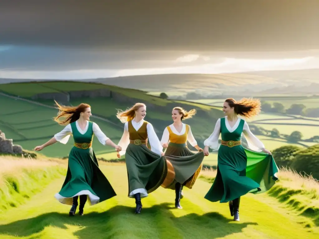 Grupo de bailarines en trajes celtas tradicionales danzando en las colinas verdes de Irlanda, en un retiro de danza celta en Irlanda