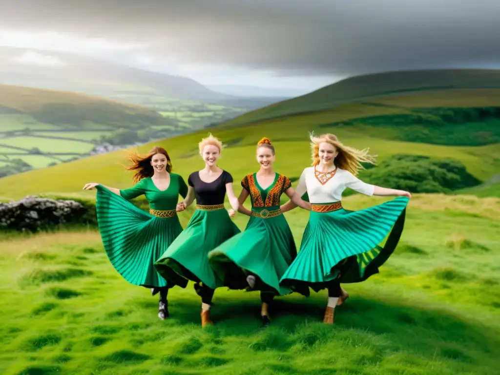 Grupo de bailarines en trajes celtas, danzando en un campo verde de Irlanda