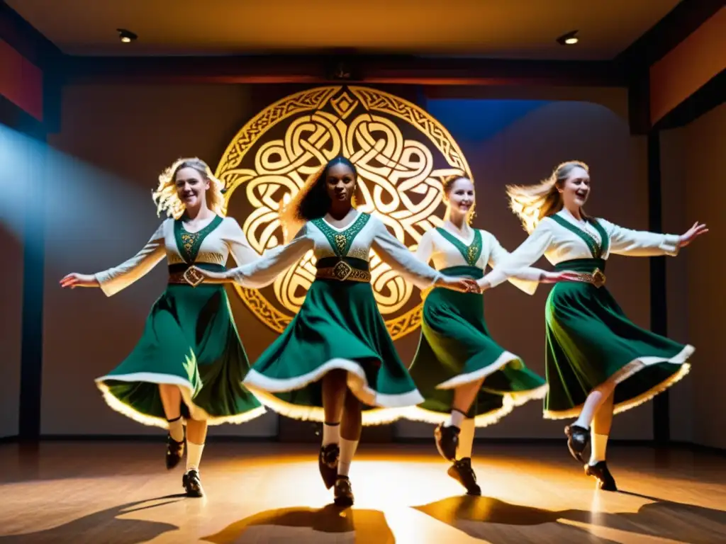 Un grupo de bailarines en trajes celtas tradicionales ejecutan danzas en una atmósfera de orgullo cultural