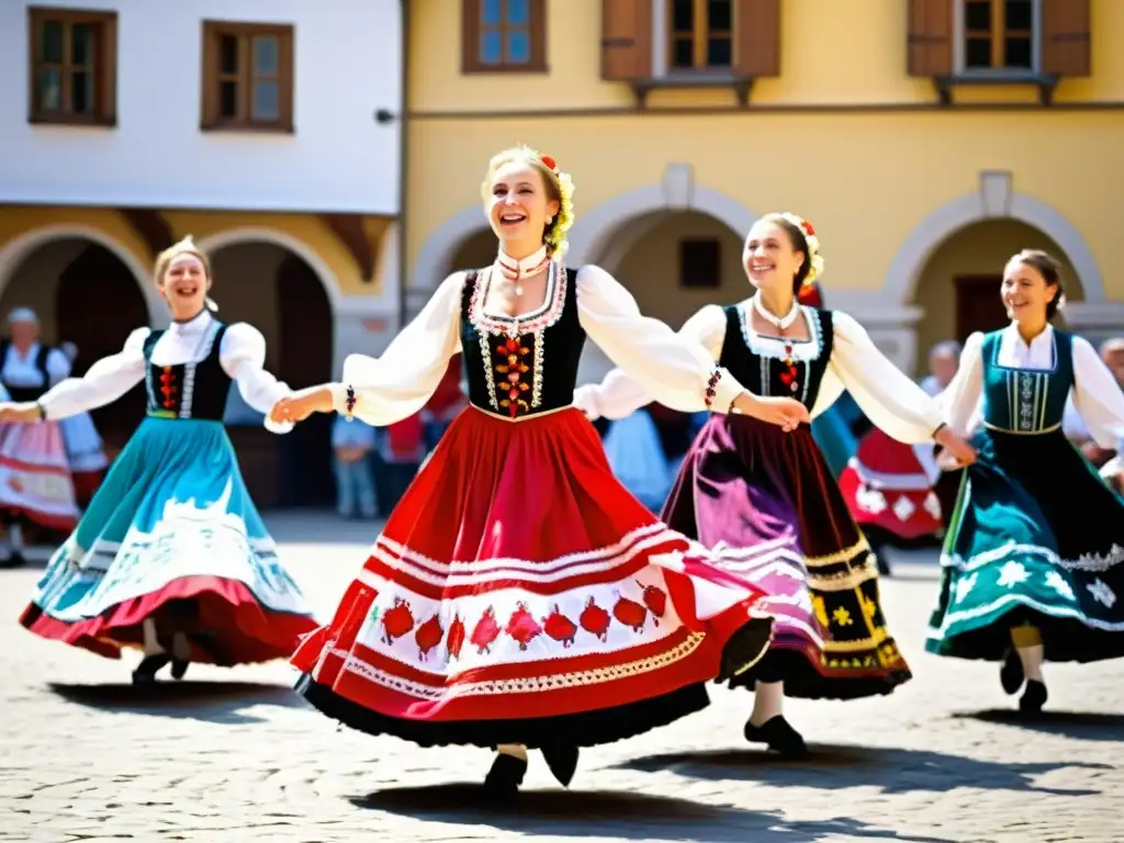 Grupo de bailarines en trajes folclóricos de Europa Central aprende danzas en una plaza soleada, irradiando alegría y tradición