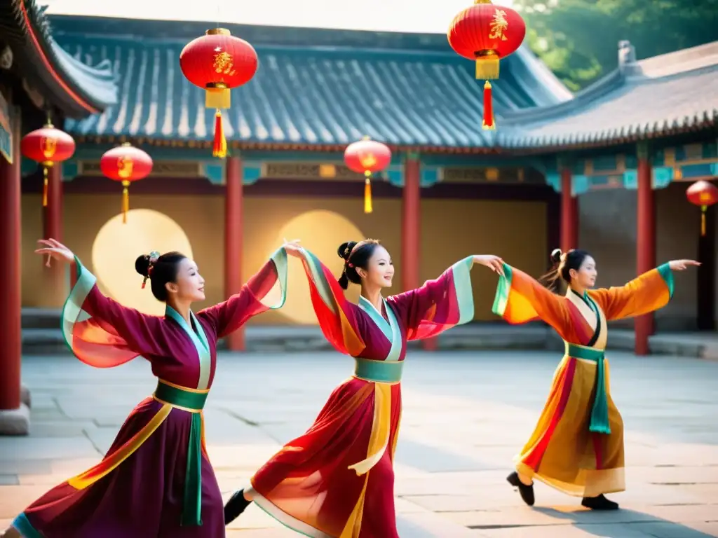 Grupo de bailarines en trajes chinos tradicionales realizando una danza con movimientos gráciles y cintas de seda, en un patio sereno iluminado por linternas