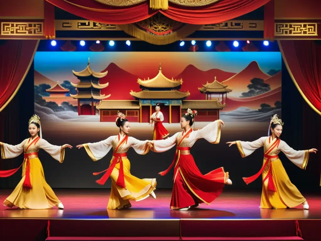 Grupo de bailarines en trajes chinos tradicionales danzando con elegancia oriental, envueltos en sedas y gestos delicados