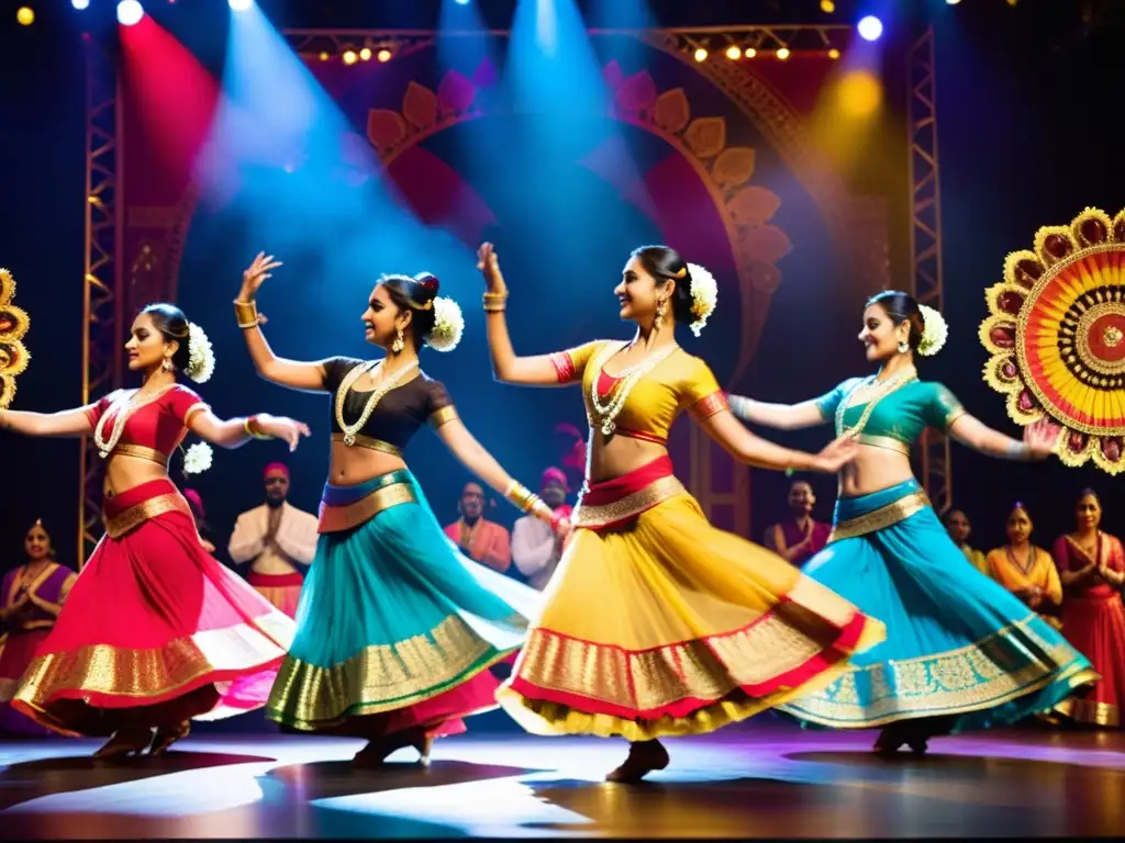 Grupo de bailarines con trajes coloridos y energía en una vibrante actuación de danza tradicional en el cine indio