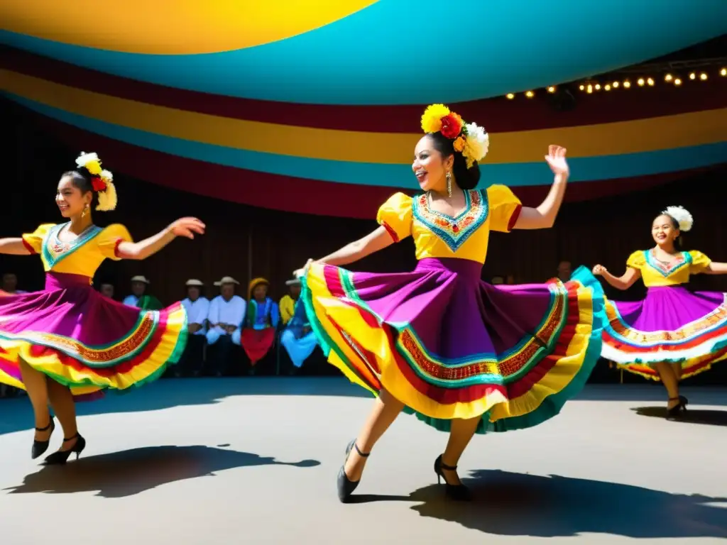 Grupo de bailarines en trajes coloridos ejecutan pasos de cumbia