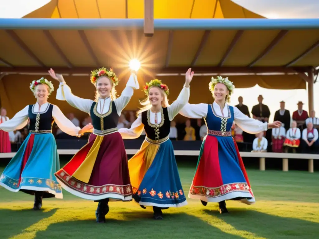 Grupo de bailarines en trajes coloridos realizando danza escandinava en festival Høstfest con público y decoraciones florales