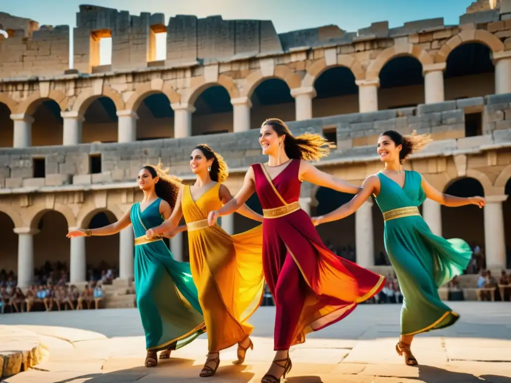 Grupo de bailarines en trajes coloridos realiza danza tradicional en antiguo anfiteatro griego, bañado por cálida luz dorada