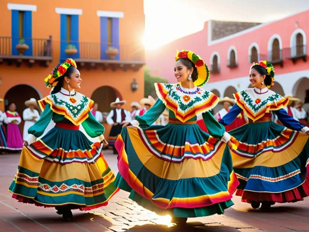 Grupo de bailarines con trajes coloridos realizando la evolución de la danza folclórica mexicana al atardecer en la plaza del pueblo