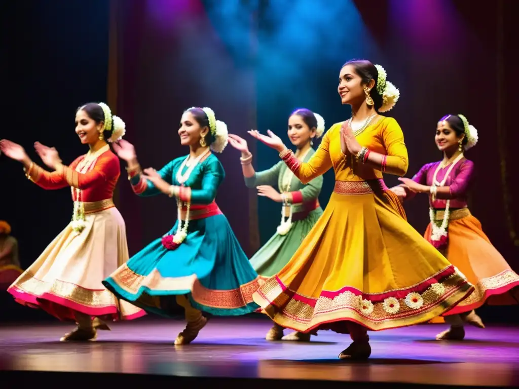 Grupo de bailarines de Kathak en trajes coloridos, realizando danzas tradicionales en un escenario decorado con guirnaldas de flores