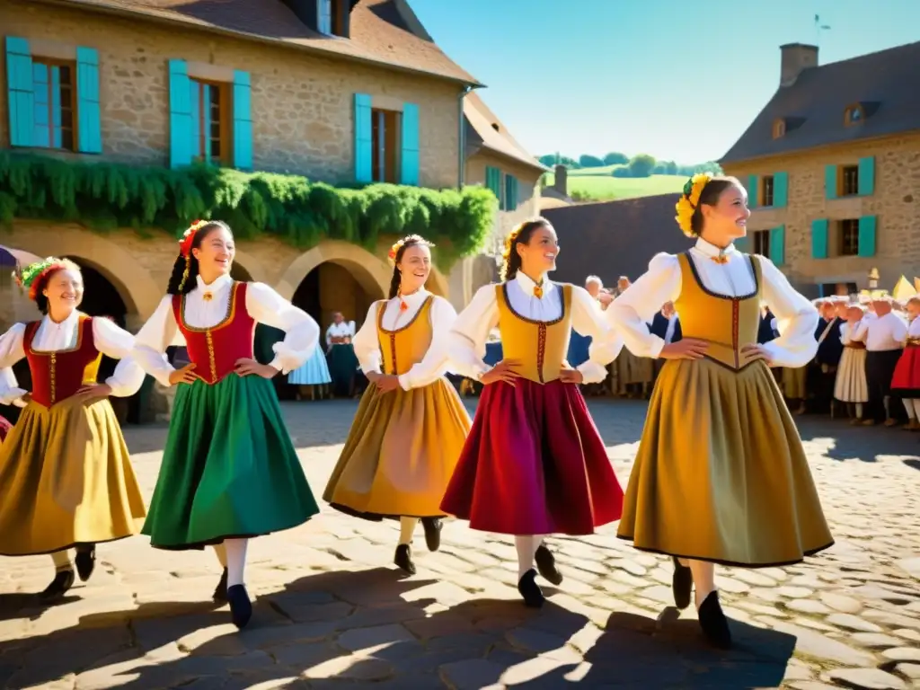 Grupo de bailarines Auvergne en trajes coloridos, danza tradicional en plaza rural de Francia