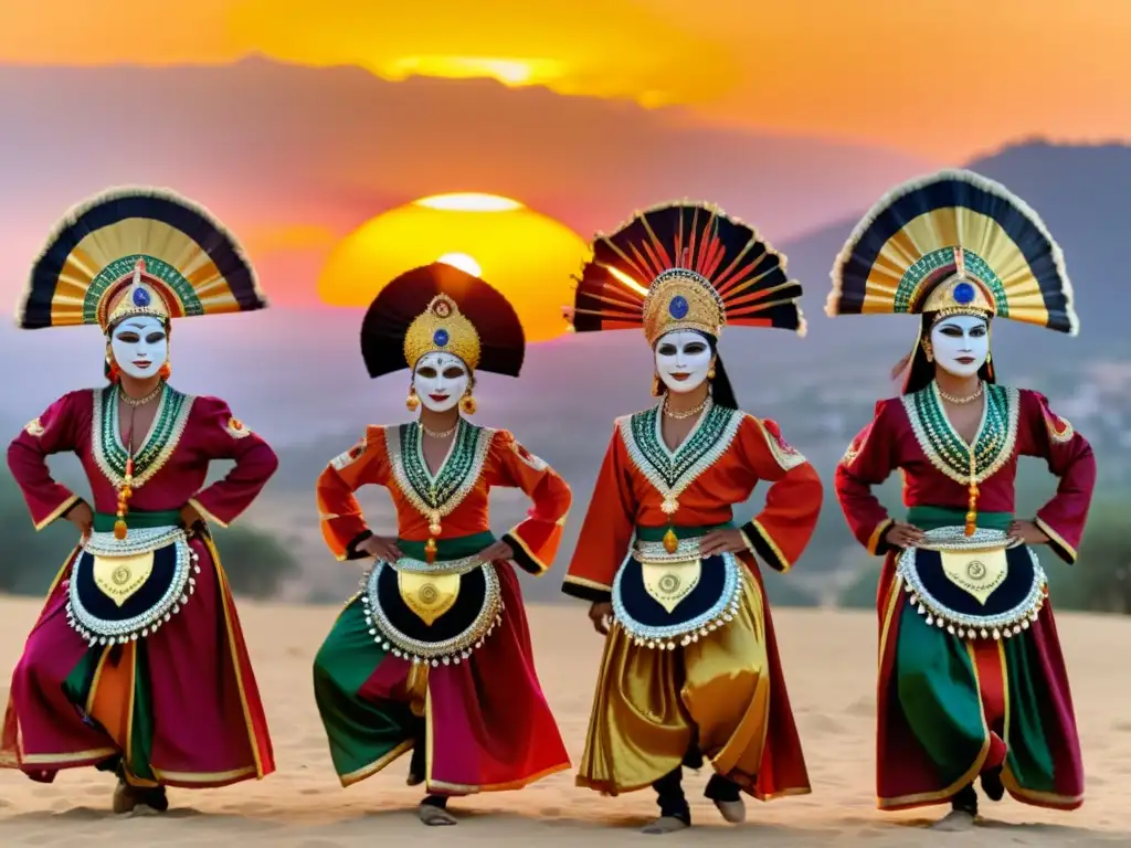 Grupo de bailarines de Zaouli con trajes coloridos y máscaras, danzando al atardecer