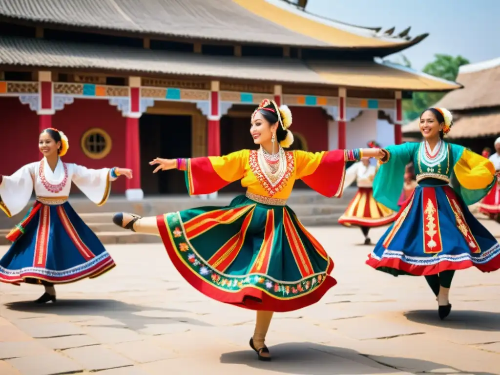 Grupo de bailarines con trajes coloridos danzando en una plaza de pueblo, transmitiendo pasión y dedicación