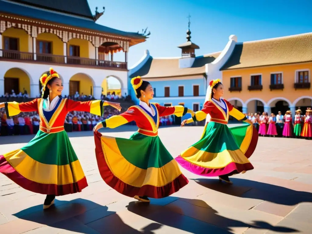 Grupo de bailarines con trajes coloridos realizando danzas tradicionales en la plaza de un pueblo, cautivando a espectadores de todas las edades