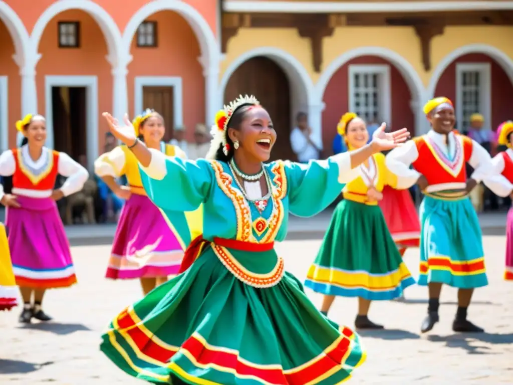 Grupo de bailarines en trajes coloridos realizando una danza energética en la plaza del pueblo, promoviendo danzas tradicionales locales