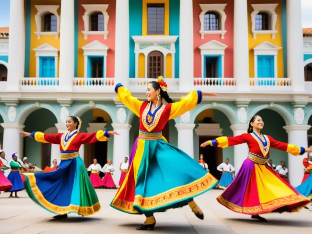 Grupo de bailarines en trajes coloridos realizando una rutina vibrante frente a un edificio histórico