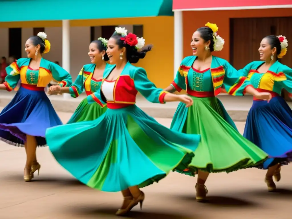 Grupo de bailarines en trajes coloridos de cumbia, ejecutando los pasos básicos con alegría y pasión