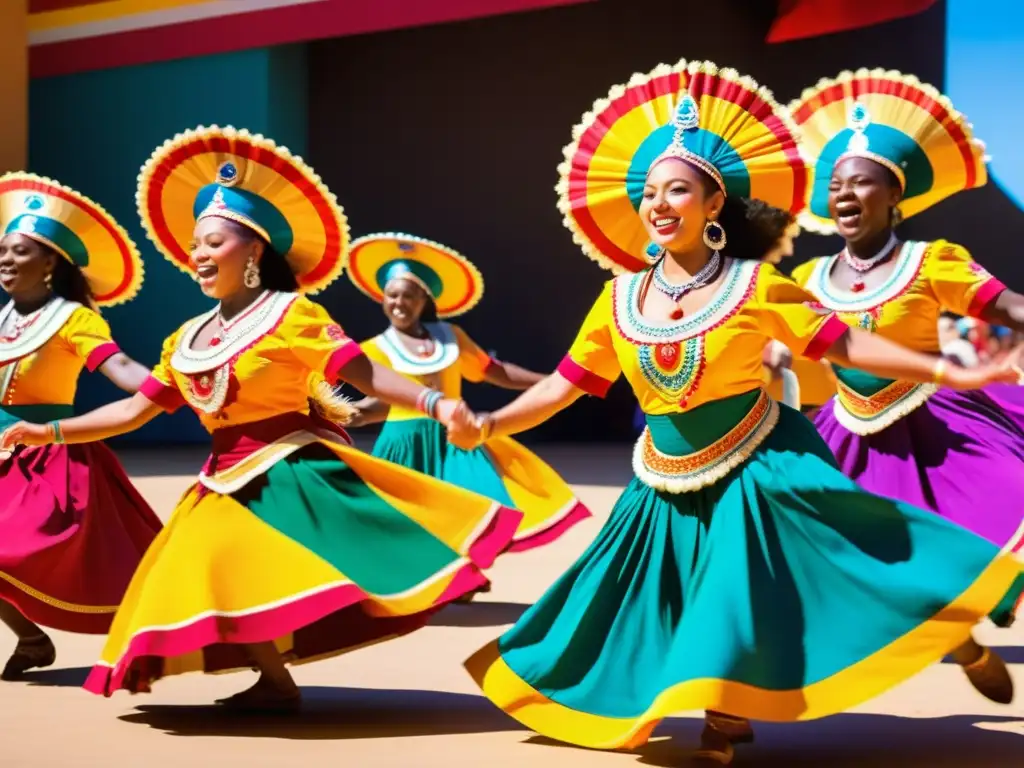 Grupo de bailarines en trajes coloridos realizando danzas tradicionales, transmitiendo alegría y energía