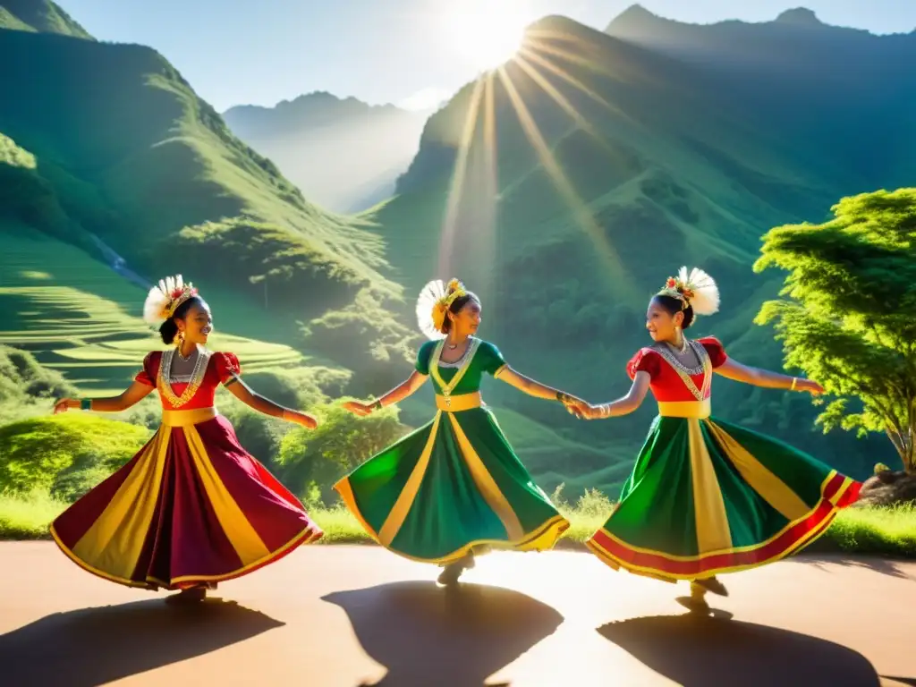 Grupo de bailarines en trajes coloridos realiza una danza en la montaña