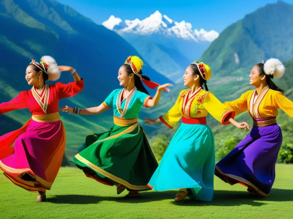 Grupo de bailarines en trajes coloridos danzan con alegría ante montañas verdes y cielo azul