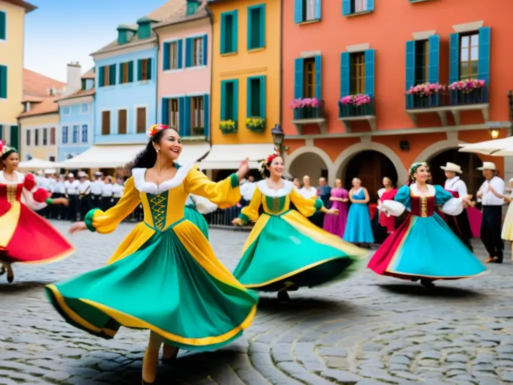 Grupo de bailarines en trajes coloridos realizando una danza tradicional en una plaza histórica