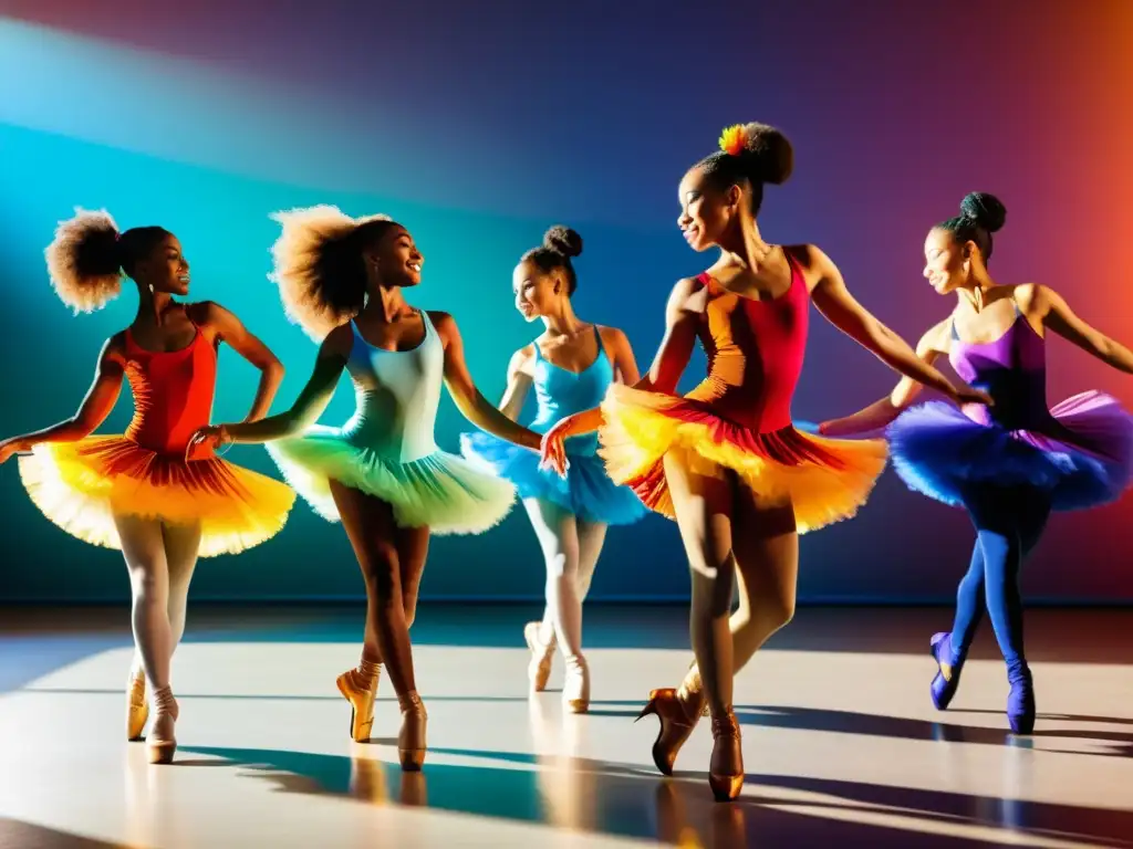 Un grupo de bailarines con trajes coloridos realizando movimientos gráciles en un estudio iluminado por el sol, transmitiendo la fusión entre el aprendizaje técnico y la alegría de la danza, perfecto para aplicaciones lúdicas para aprender danza