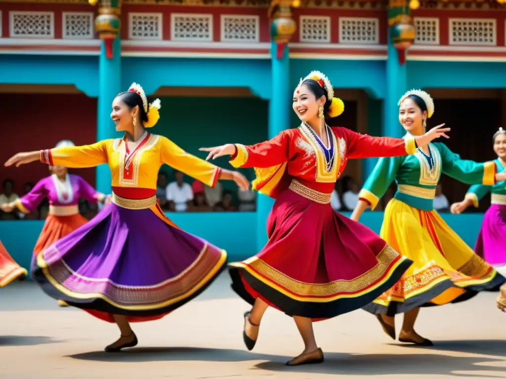 Grupo de bailarines con trajes coloridos ejecutan danza tradicional en entorno cultural