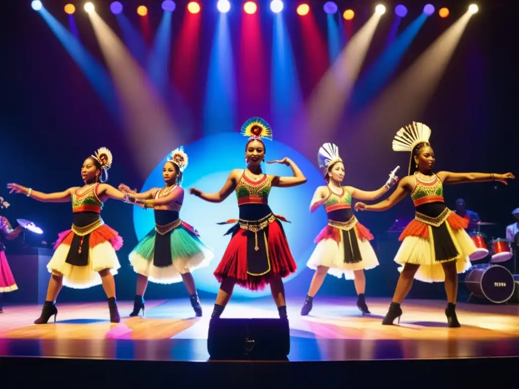 Grupo de bailarines en trajes coloridos y músicos modernos fusionando técnicas modernas música danza tradicional en un escenario