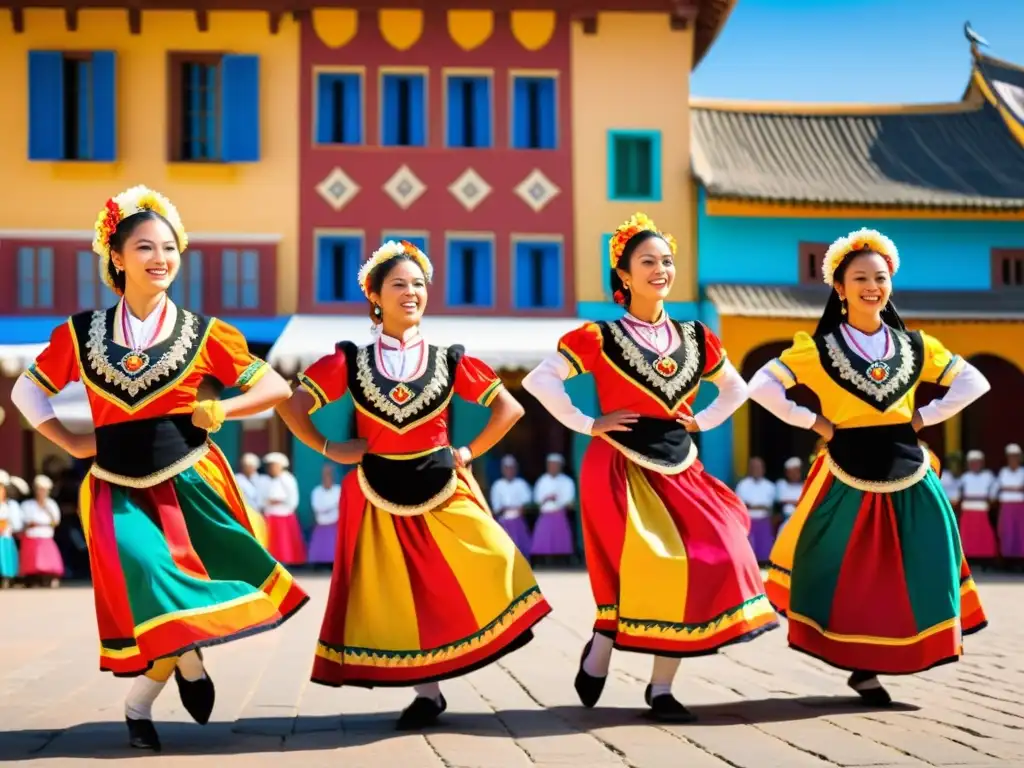 Grupo de bailarines en trajes coloridos ejecutando danzas típicas en la plaza del pueblo