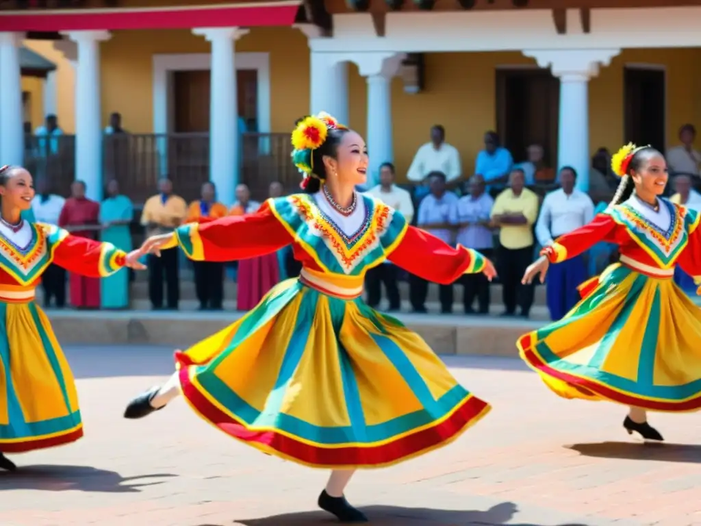 Grupo de bailarines en trajes coloridos danzando en la plaza