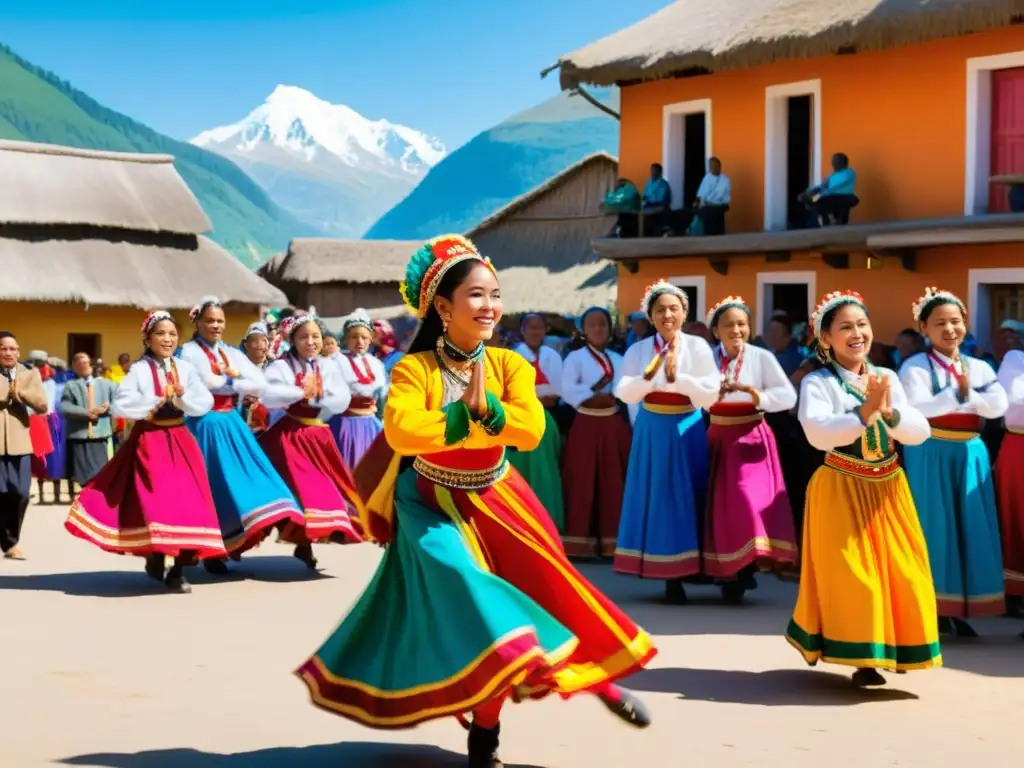 Grupo de bailarines en trajes coloridos realizando danza cultural en plaza soleada, con espectadores aplaudiendo