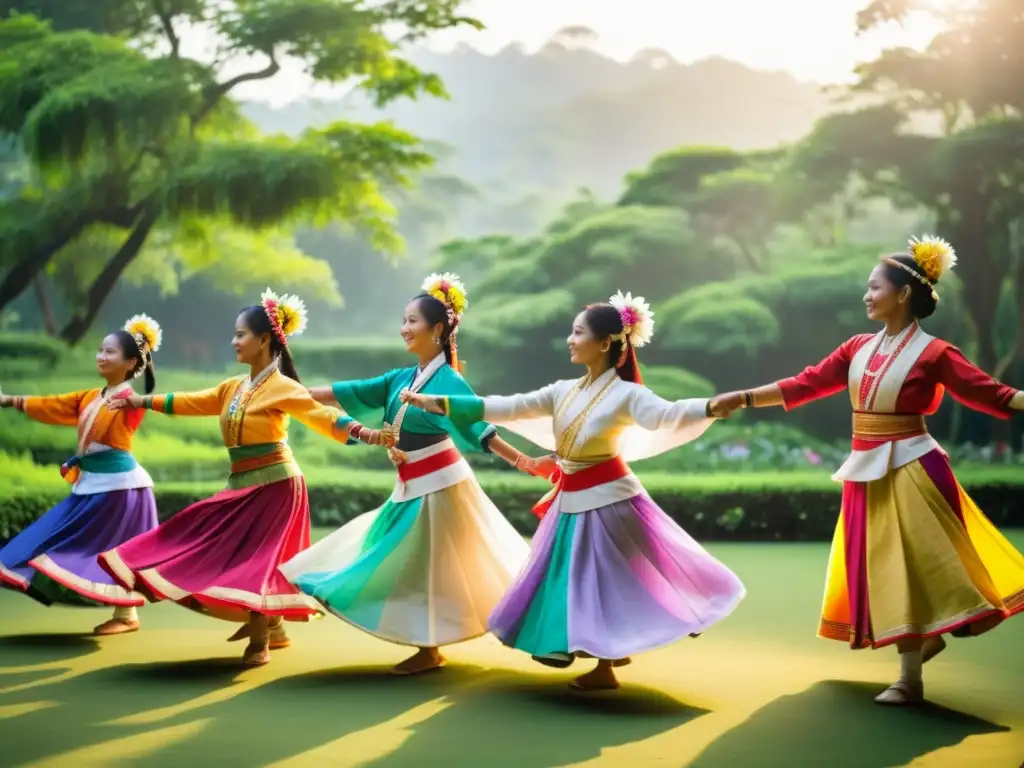 Grupo de bailarines Manipuri con trajes coloridos, realizando movimientos gráciles rodeados de naturaleza exuberante