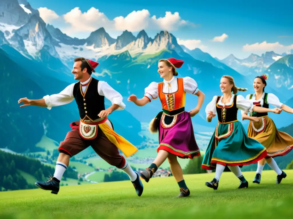 Un grupo de bailarines de Schuhplattler bávaros vistiendo trajes coloridos, realizando un baile vibrante en los Alpes bávaros