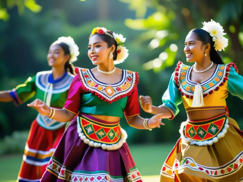 Grupo de bailarines con trajes de danza tradicional moderna entre flores y vegetación exuberante