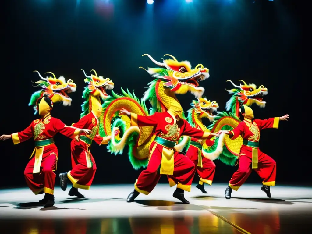 Grupo de bailarines en trajes de dragón, realizando la Danza del Dragón con destreza y pasión