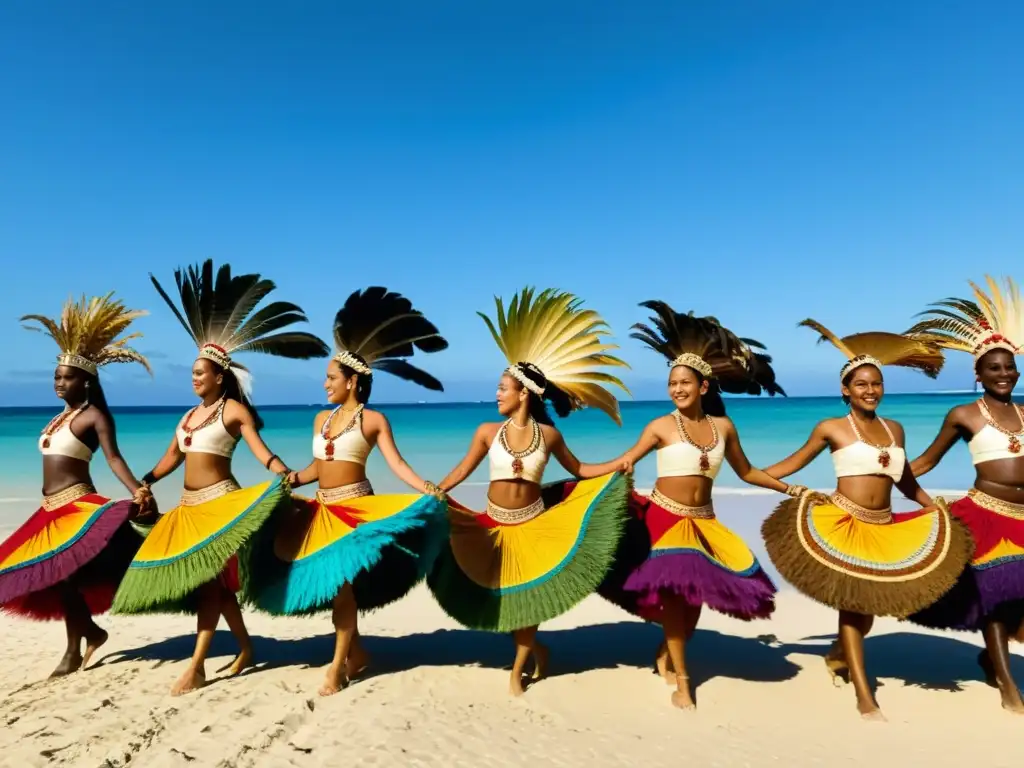 Grupo de bailarines con trajes de danza tradicionales de hojas de palma, danzando en la playa bajo el impacto del cambio climático