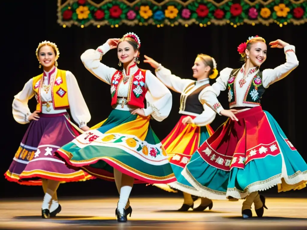 Baile folclórico vibrante de Europa del Este Grupo de bailarines con trajes de danza folklórica Europa del Este realizando una presentación vibrante y festiva