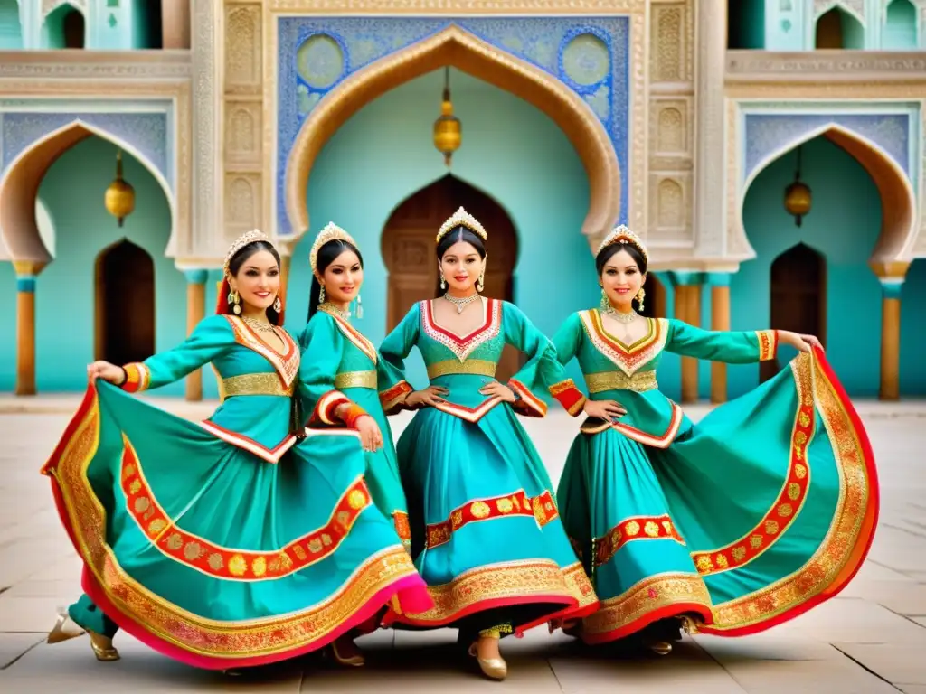 Grupo de bailarines con trajes de danza tradicional de Uzbekistán, danza vibrante en un escenario histórico