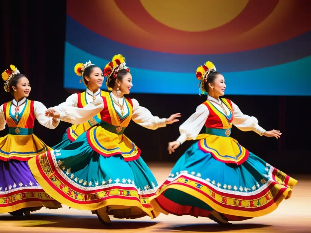 Grupo de bailarines con trajes folclóricos realizan una danza sincronizada en un escenario, mostrando el significado cultural de las danzas