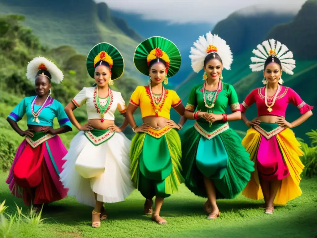 Grupo de bailarines con trajes ecológicos en la naturaleza, fusionando tradición y sostenibilidad en la danza tradicional