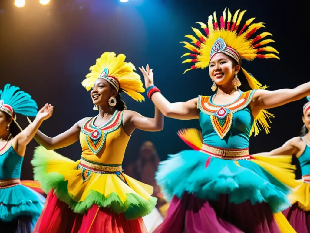 Grupo de bailarines en trajes ecológicos danza tradicional, deslumbrando al público con su energía y pasión en el escenario