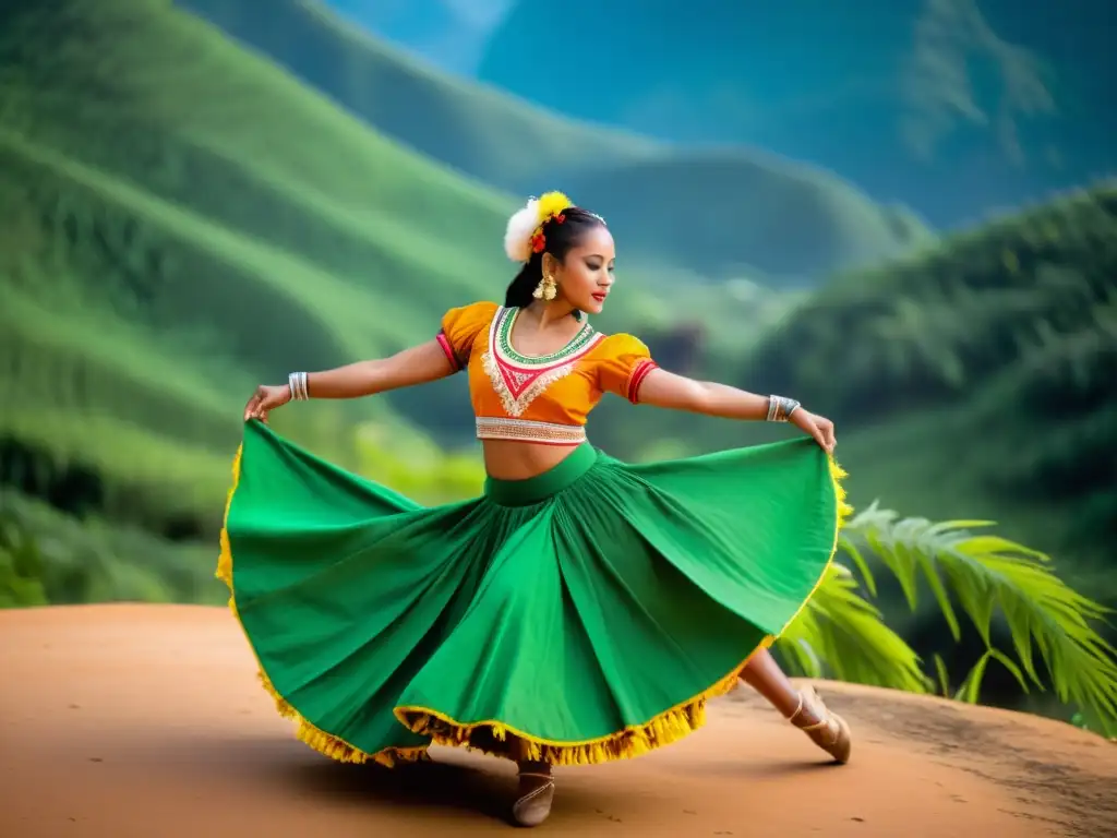 Grupo de bailarines en trajes ecológicos danza tradicional, armonía con la naturaleza y rica herencia cultural