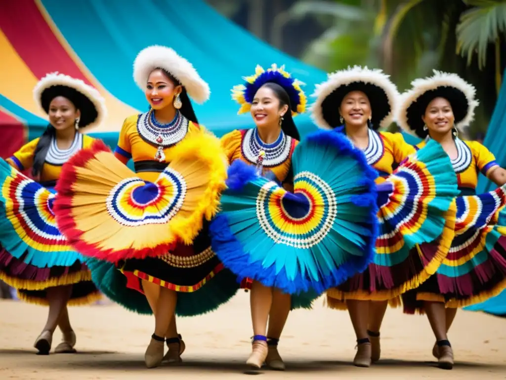 Grupo de bailarines con trajes ecológicos danza tradicional, adornados con plumas y fibras naturales en un entorno natural y sostenible