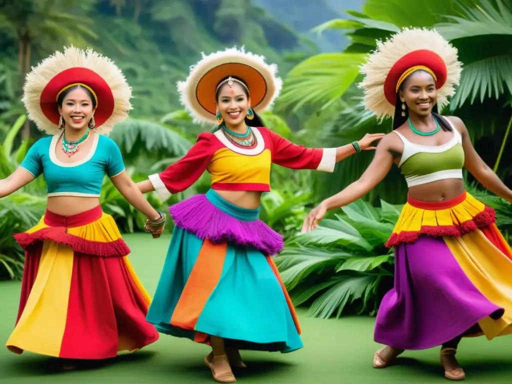 Un grupo de bailarines en trajes ecológicos de danza tradicional, con colores vibrantes y detalles intrincados, en armonía con la naturaleza