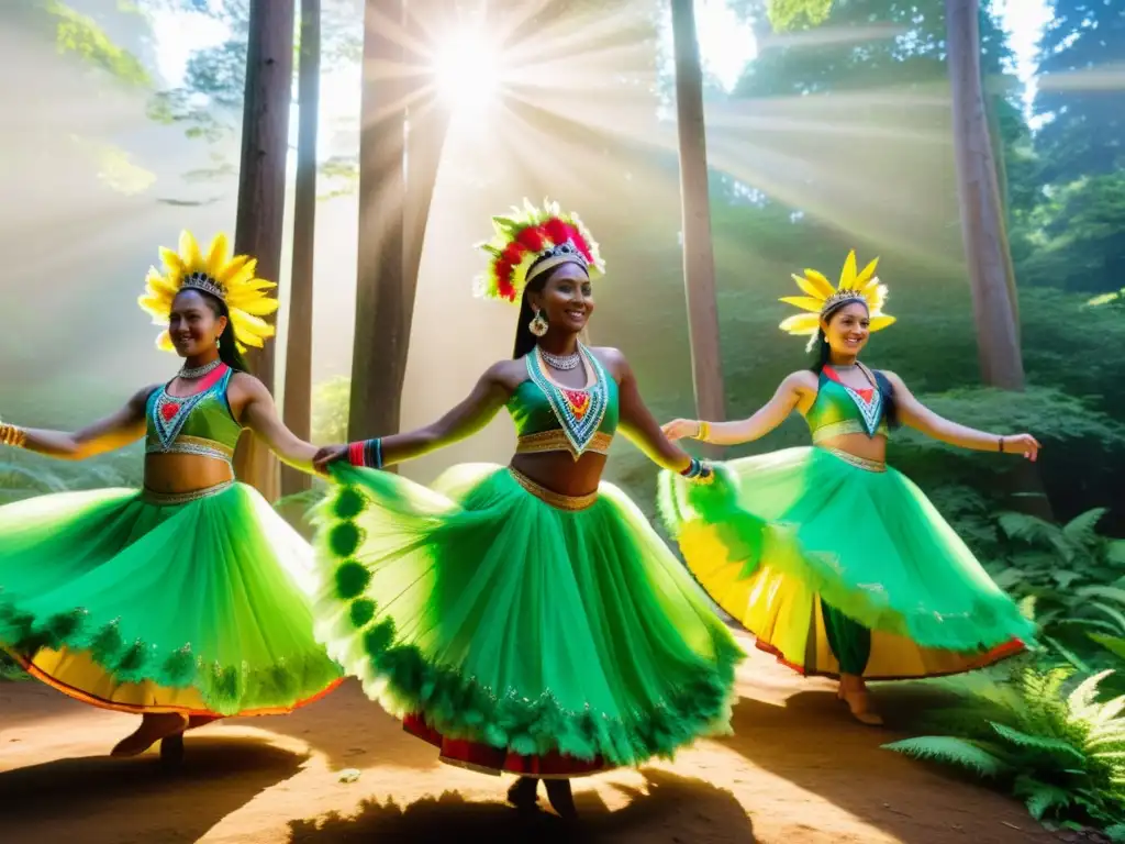 Grupo de bailarines en trajes ecológicos realizando una danza tradicional en un claro del bosque, rodeados de flora vibrante