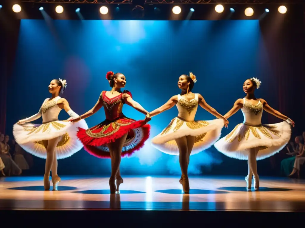 Un grupo de bailarines en trajes elaborados y vibrantes realizando una rutina de baile sincronizada en un escenario con poca luz