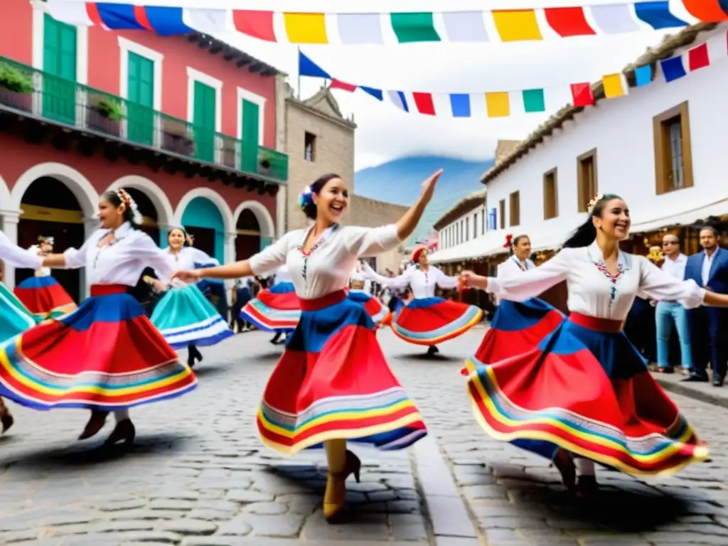 Un grupo de bailarines vistiendo trajes elegantes baila La Cueca, danza tradicional chilena, en una calle empedrada