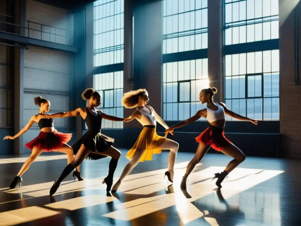 Grupo de bailarines en trajes de época, expresando pasión y drama en contraste con entorno urbano